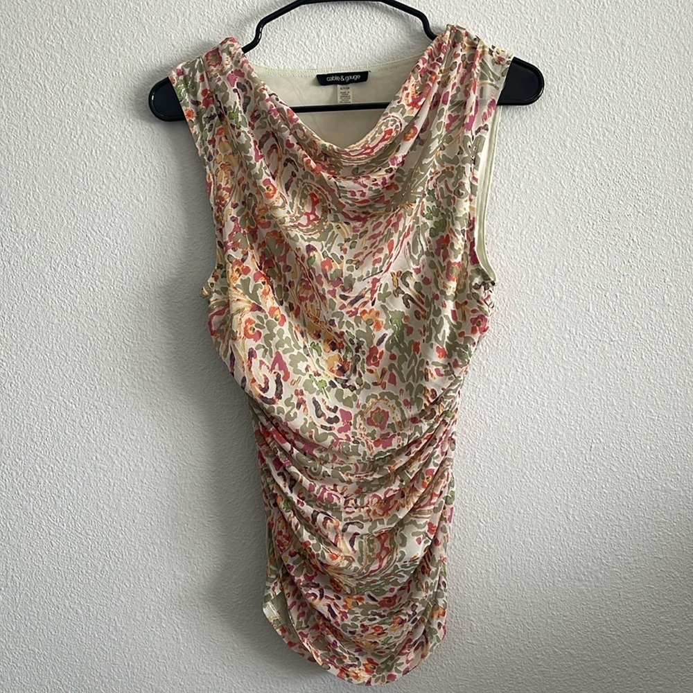 Cable & Gauge Cowl Neck Mesh Colorful Top Size Small